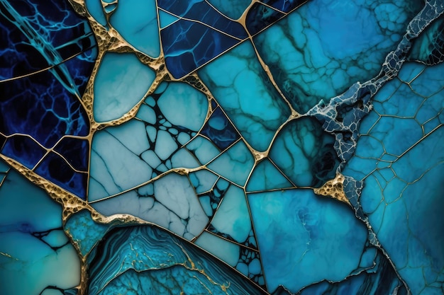 A blue mosaic with gold leaf patterns