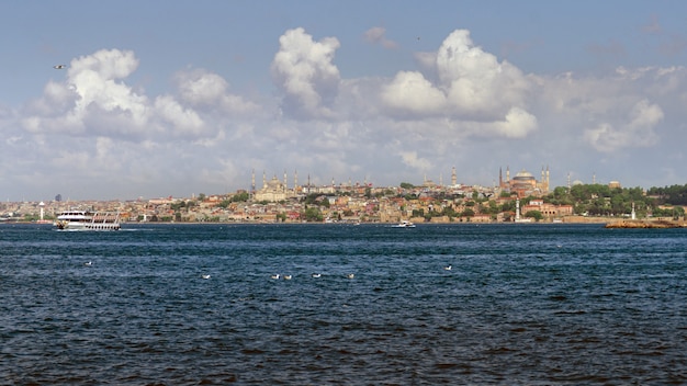 Blue Mosque and Hagia Sphia mosques at Istanbul, view from Bosporus strait