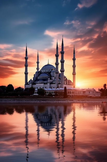 Blue mosque in istanbul at sunset with the reflection of the sky