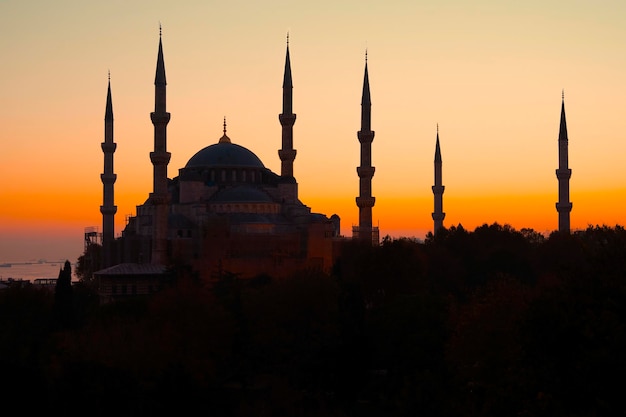 Blue mosque in Istanbul during yellow sunset Blue Mosque or Sultanahmet