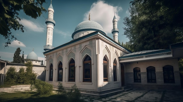 A blue mosque in the middle of a park