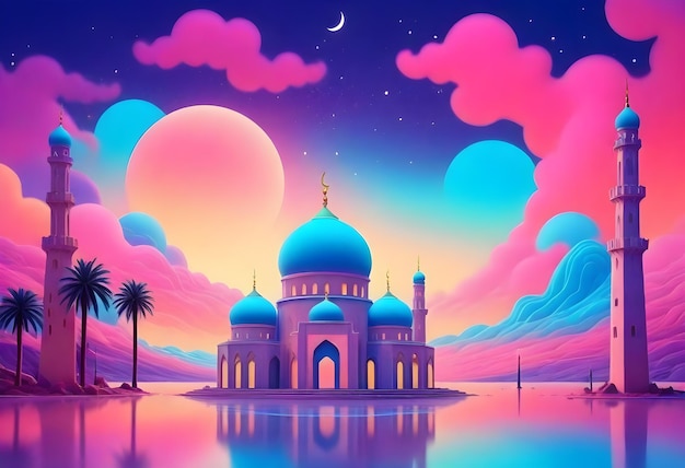 달과 달 아래의 파란 모스크