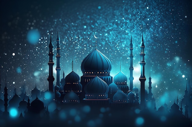 A blue mosque with a blue background and the words ramadan on the bottom.