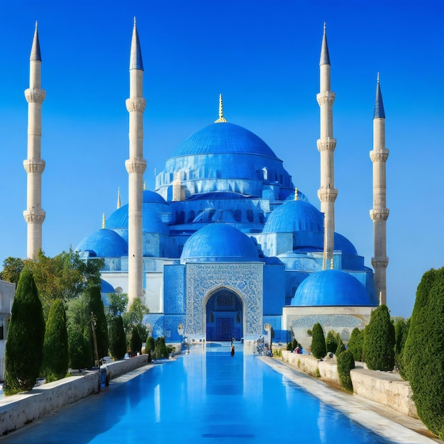 A blue mosque with a blue dome