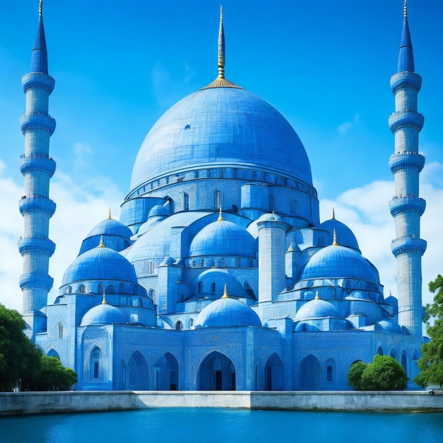 A blue mosque with a blue dome