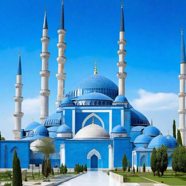 A blue mosque with a blue dome