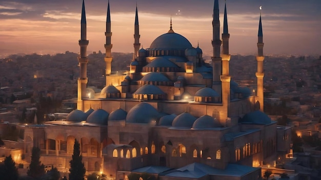 A blue mosque with a crescent moon in the background