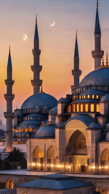 A blue mosque with a crescent moon in the background