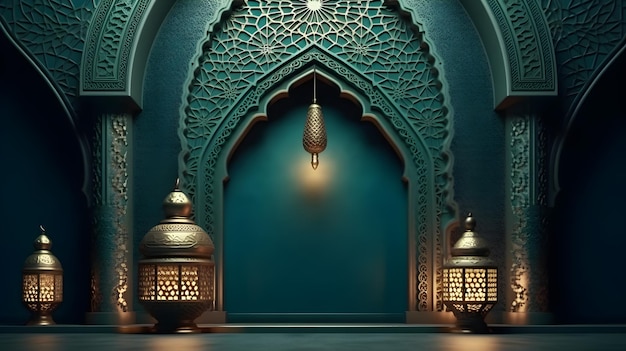 A blue mosque with lamps and lanterns generative ai technology