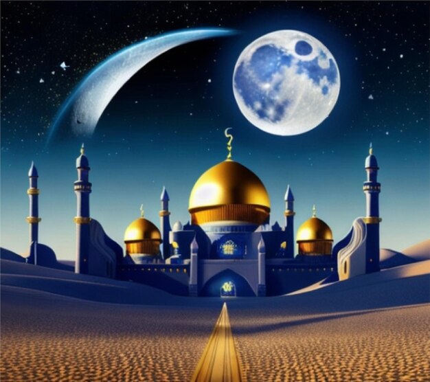 A blue mosque with a moon in the background