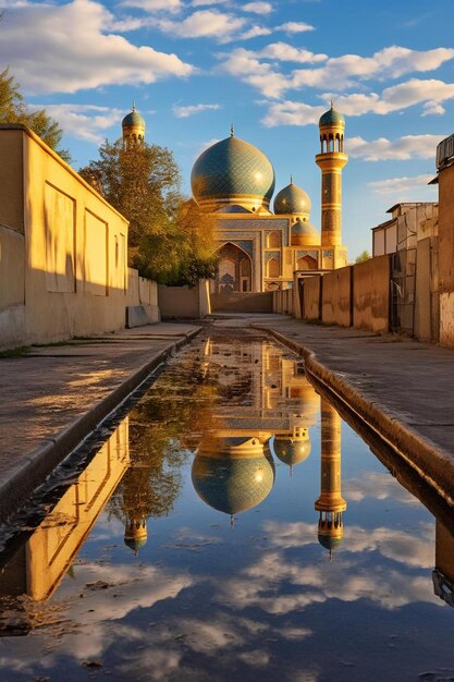 Photo a blue mosque with a reflection of a building in the water