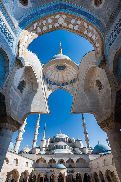 Foto una moschea blu con una cupola bianca e una cupola bianca al centro