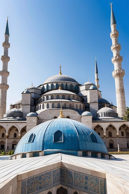 A blue mosque with a white dome and a white dome in the middle