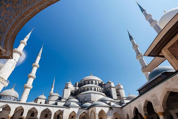 A blue mosque with a white dome and a white dome in the middle