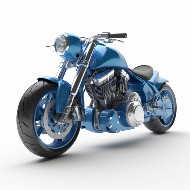 A blue motorcycle is in a white background.