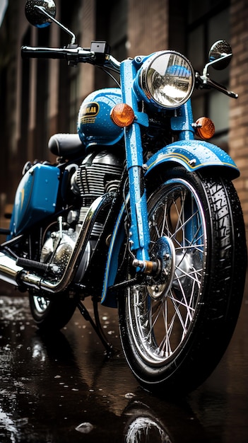 a blue motorcycle parked on a wet sidewalk