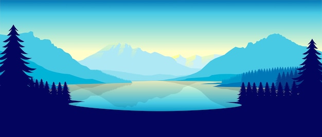 ミニマリストのフラットデザインスタイルの青い山景色の壁紙