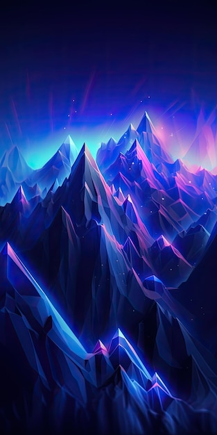 紫と青の背景に青い山。