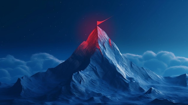 A blue mountain with a red flag on top Generative AI