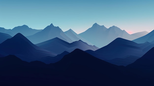 青い山の風景 山のシルエットの朝のパノラマ 生成 AI