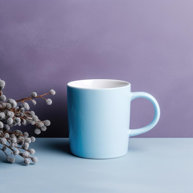 Photo a blue mug on table blue coffee mug on a purple background place for logo and emblems cup mockup dry flower branch of flowers dishes