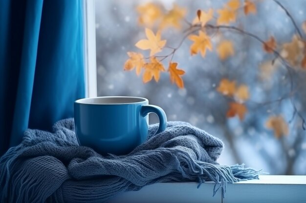 Blue mug window scarf winter Hot drink Generate Ai