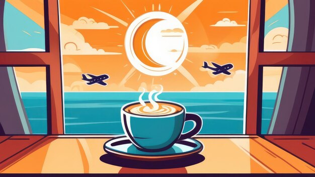 blue mug with coffee and steam on the background of the window outside the window there is a sea with an airplane in the sky the concept of rest vacation free time