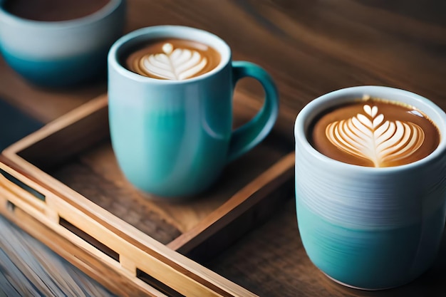 A blue mug with a design on it