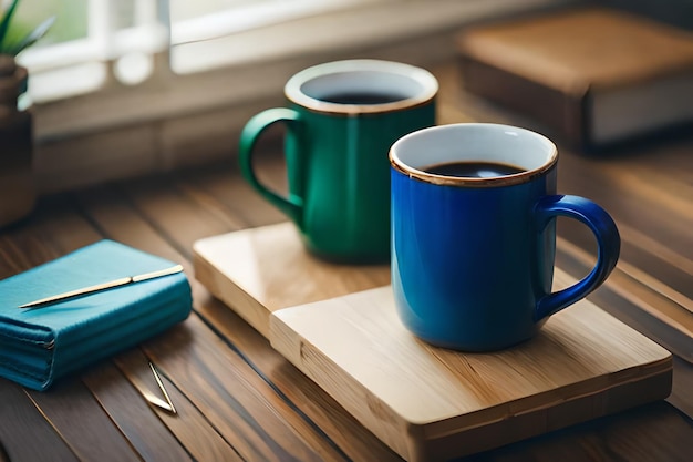 2 杯のコーヒーの隣のテーブルにペンの付いた青いマグカップ。