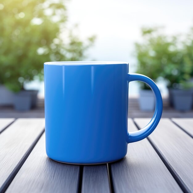 Blue mug on a wooden table Blue coffee mug on background of the street Place for logo and emblems Cup mockup Terrace Dishes