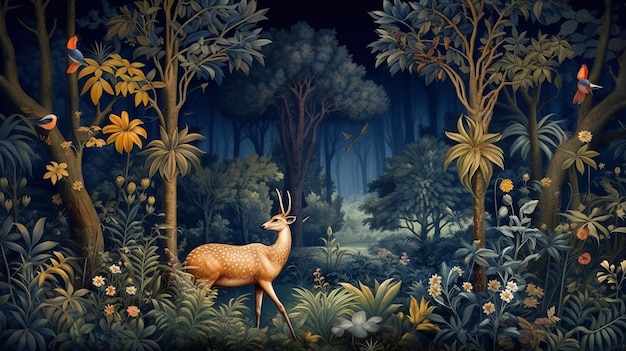 Blue Mural Wallpaper with Deer and Birds dark colors night stars beautiful