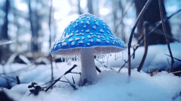 Photo a blue mushroom in the snow