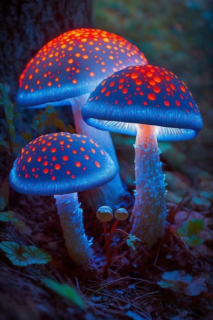 A blue mushroom with a red dot on the top is lit up.