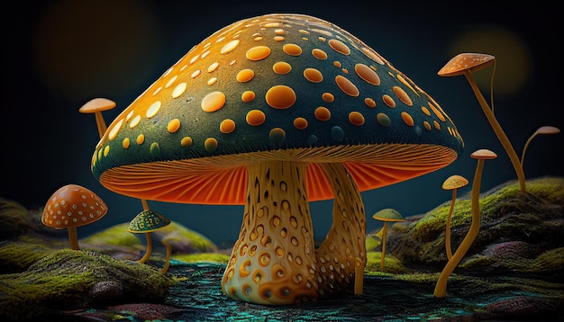 A blue mushroom with a yellow cap and a blue background