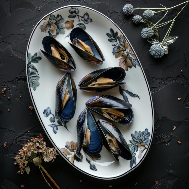 Photo blue mussels on dark leaves and flowers background top view delicacy seafood dish