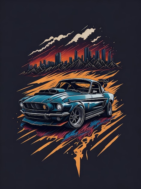 A blue mustang is on a black background with a city in the background.