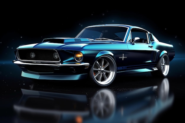 A blue mustang with a black stripe and the word mustang on the front.