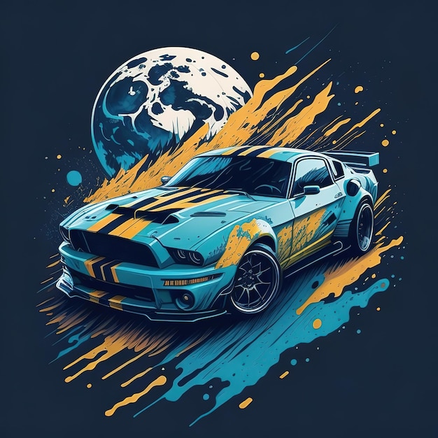 A blue mustang with stripes on the hood