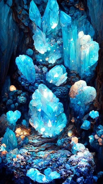 Blue mystical cave with the magic of sparkling crystals 3d\
illustration