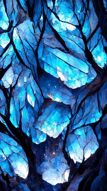 Blue mystical cave with the magic of sparkling crystals 3d\
illustration