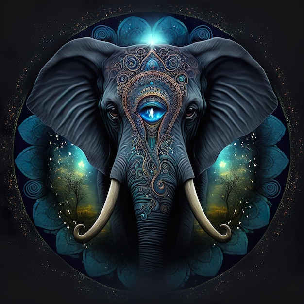 Blue Mystical Elephant Awakening Totem animal Fashionable print on Tshirts hoodies sweatshirts towels and clothes AI generative