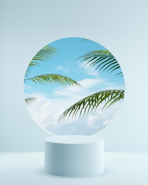 Blue nature background with tropical trees and cloud podium for product photography