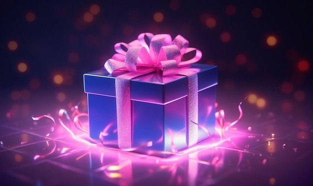 파란색 네이비 파란색 선물은 분홍색 불빛을 둘러싼 분홍색 활을 가지고 있습니다. 선물은 현재와 사랑의 상징입니다.