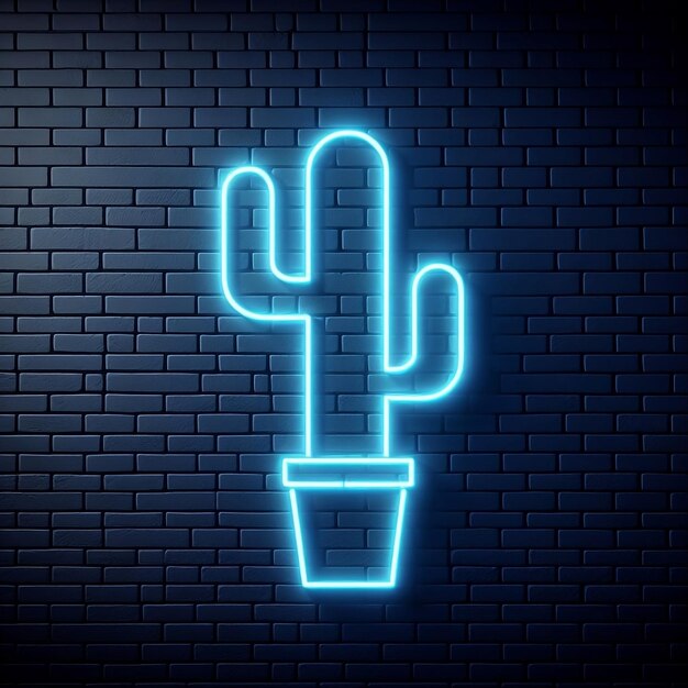 Blue neon cactus on a brick wall