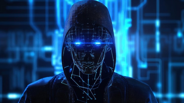 A blue neon cyber hacker wearing a hoodie with blue lights.