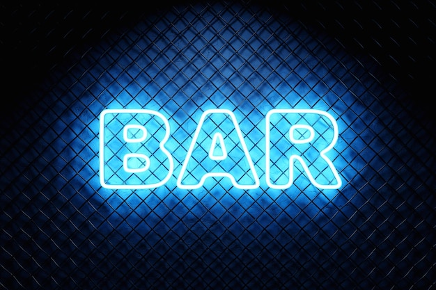 Blue neon glowing signboard design 3D illustration neon text isolated on brick wall background