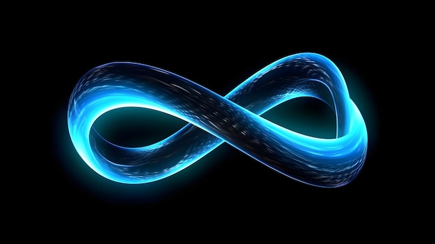 A blue neon infinity sign with the word infinity on it