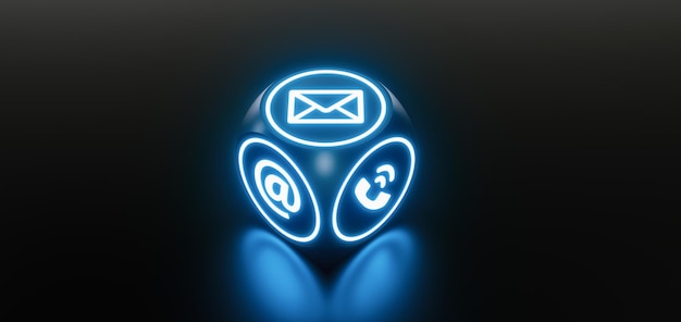 커뮤니케이션 지원 핫라인을 위한 다양한 연락처 옵션이 있는 블루 네온 라이트 큐브