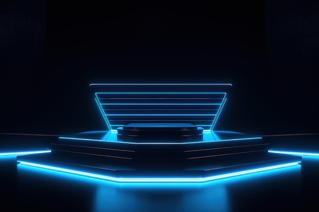 A blue neon light that is lit up in front of a black background