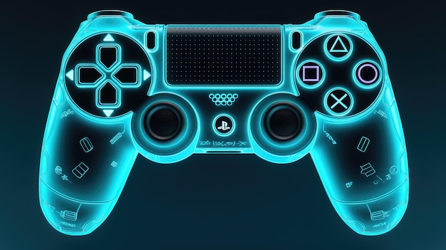 A blue neon playstation controller with the game controller on it.